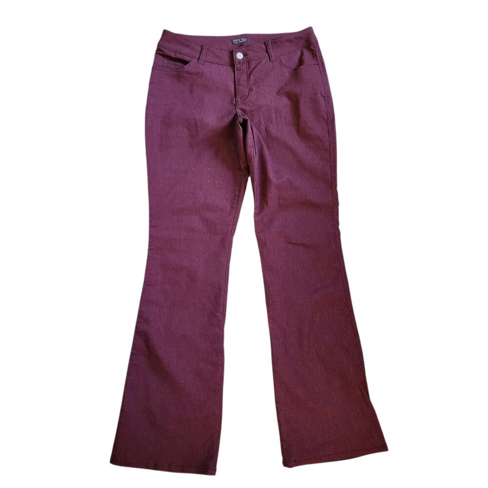 Heart Moon Star Womens Flared Leg Pants Size 12 Burgundy Mid Rise Stretch